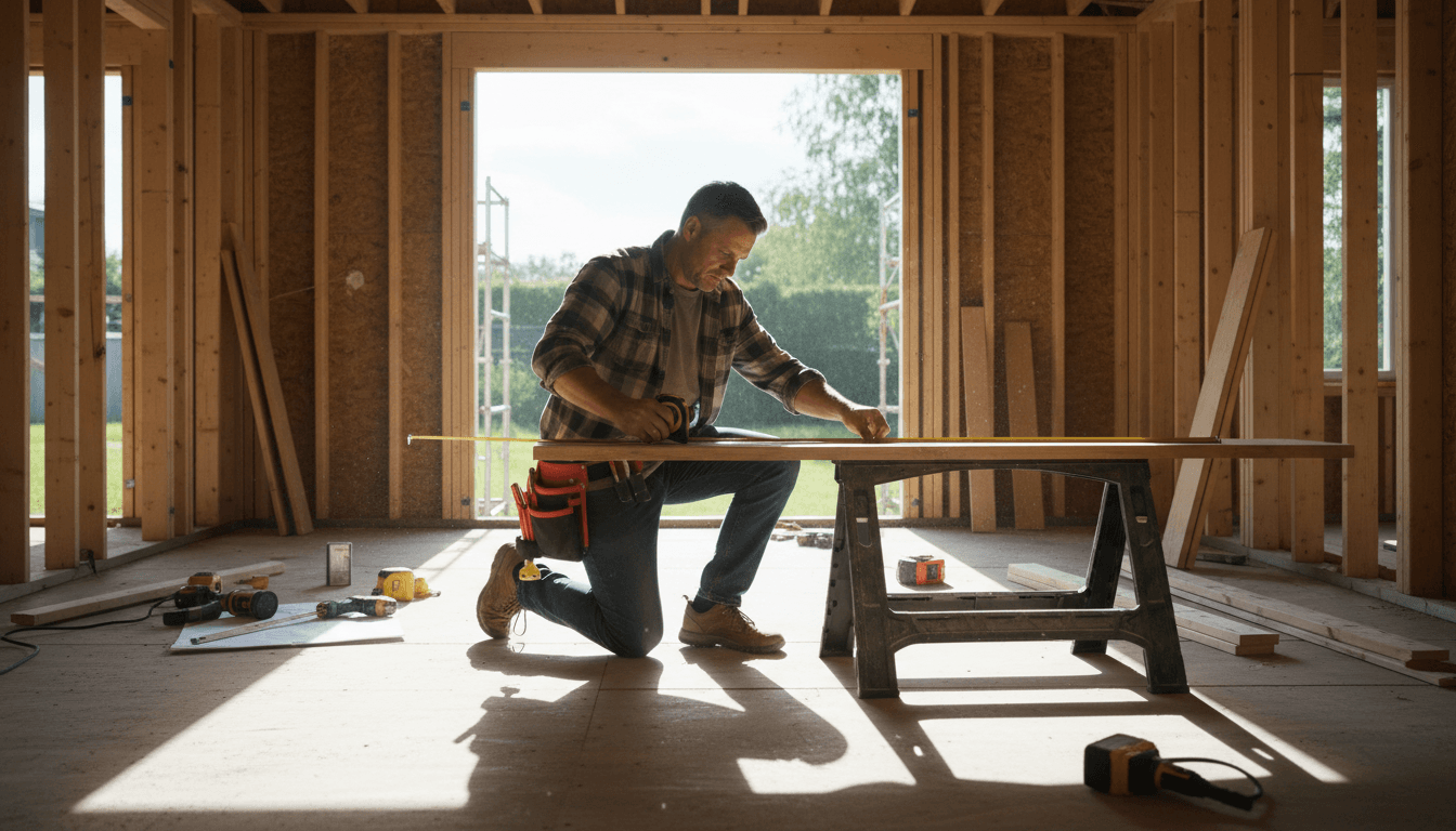 Contractor measuring wood on a home improvement project