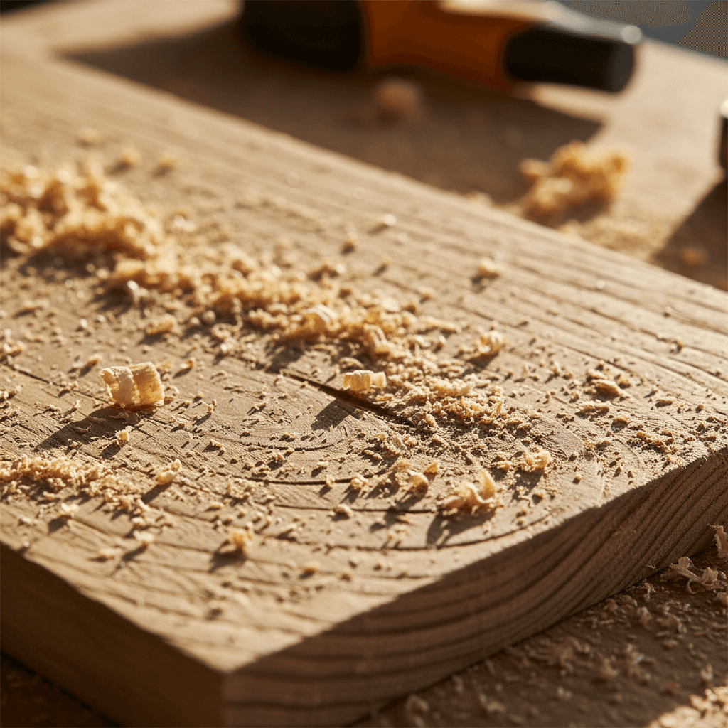 Close-up of wood grain and sawdust on a workbench