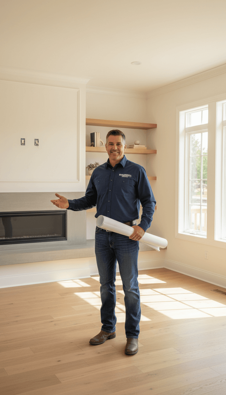 Professional contractor in front of a home renovation project
