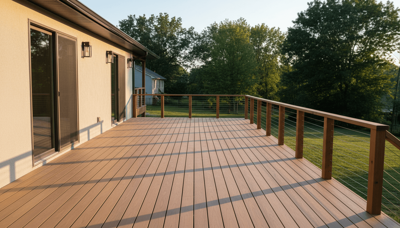Newly built wooden deck with railings