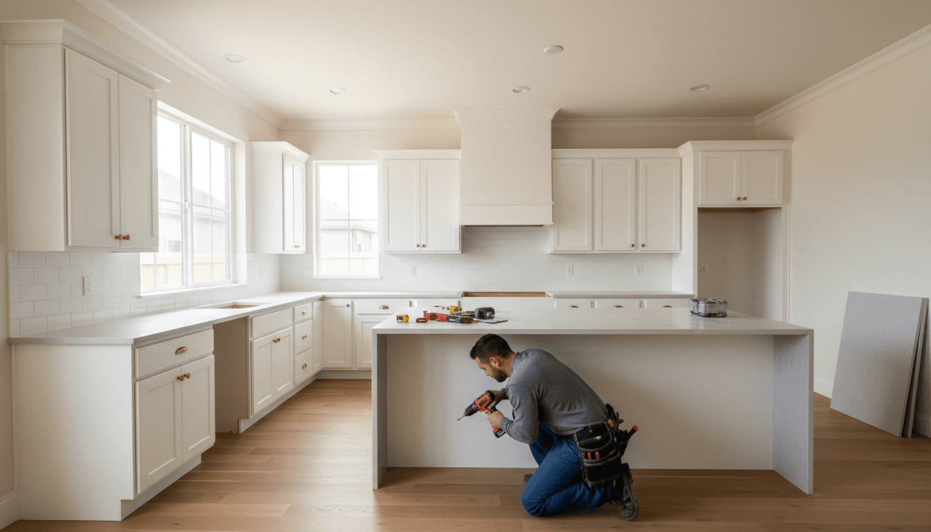 Partially renovated kitchen with new cabinets