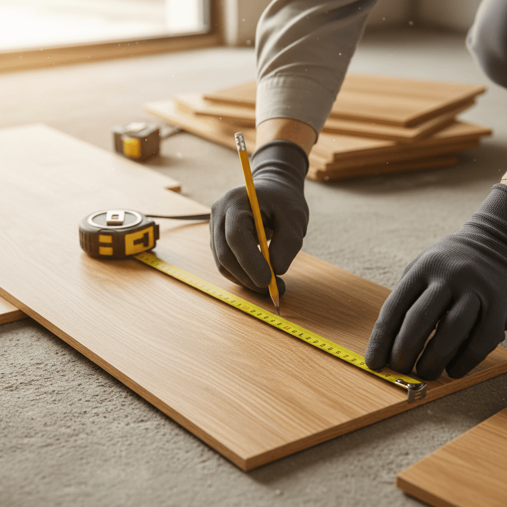 Contractor measuring lumber at a residential job