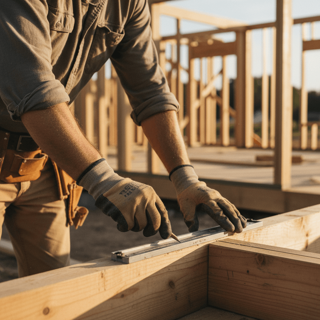 Contractor framing wooden wall on construction site